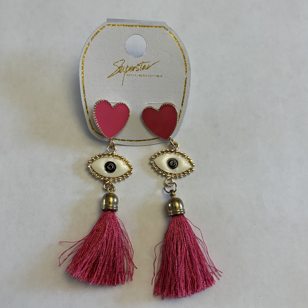 Superstar Accessories Pink Heart Evil Eye Fringe Tassel Earrings NWT